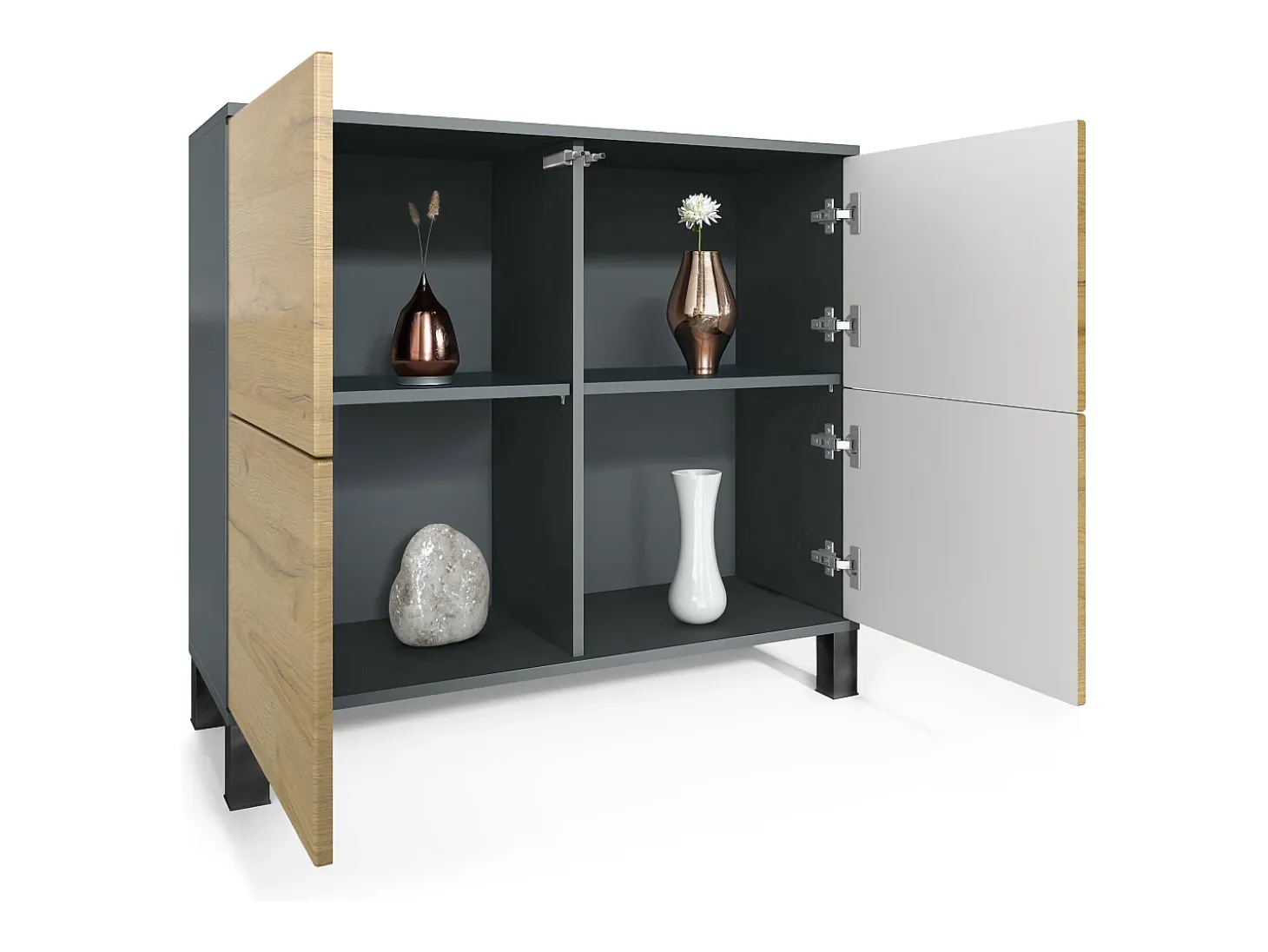 Aparador Rova V3 – Armario de cocina moderno con 4 puertas Push-to-Open antracita mate / gris de alto brillo (92,5 x 84.5 x 35)