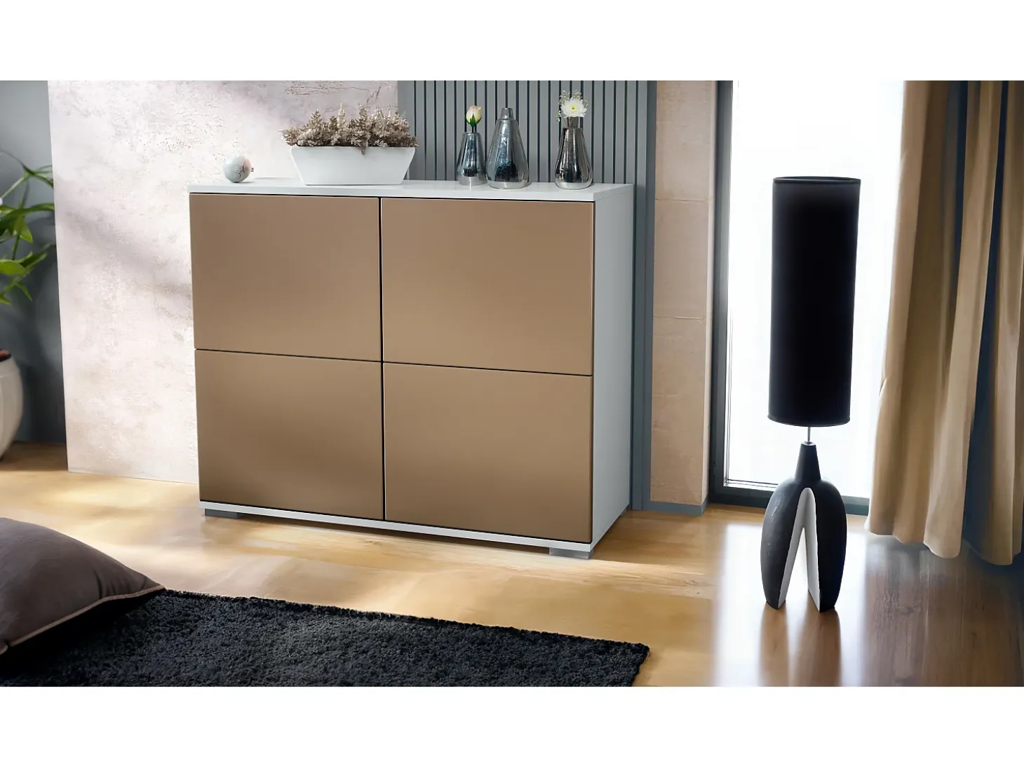 Aparador Rova V3 – Armario de cocina moderno con 4 puertas Push-to-Open blanco mate / aspecto en bronce (92,5 x 75.5 x 35)