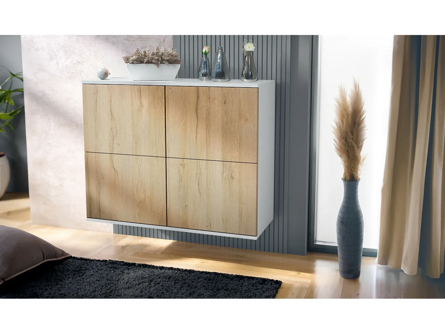 Aparador Rova V3 – Armario de cocina moderno con 4 puertas Push-to-Open blanco mate / roble natural (92,5 x 73.5 x 35)
