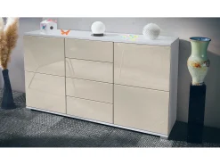 Aparador Rova V1 – Mueble con 4 Puertas y 4 Cajones, blanco mate/crema de alto brillo (138,5 x 75,5 x 35)