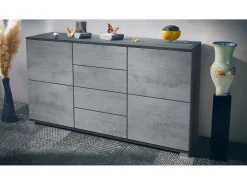 Aparador Rova V1 – Mueble con 4 Puertas y 4 Cajones, antracita mate/hormigón oxidado (138,5 x 75,5 x 35)