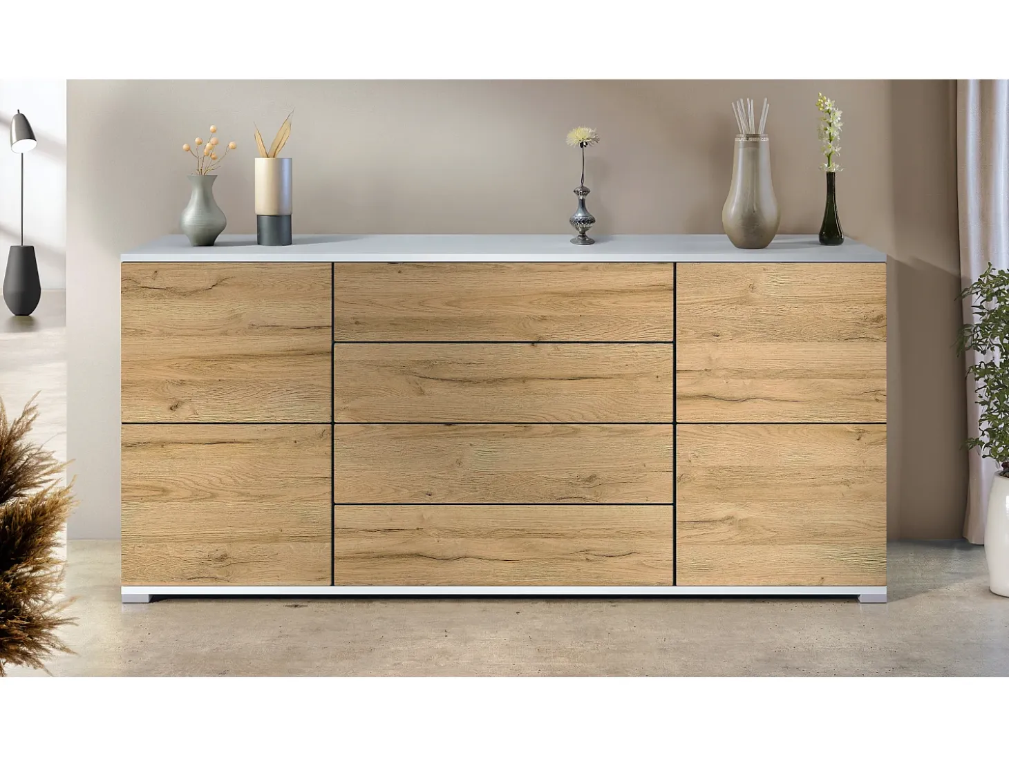 Aparador Rova V2 – Mueble con 4 Puertas y 4 Cajones, blanco mate/roble natural (166,5 x 75,5 x 35)