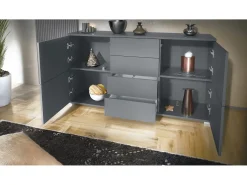 Aparador Rova V1 – Mueble con 4 Puertas y 4 Cajones, antracita mate/mezclilla mate (138,5 x 75,5 x 35)