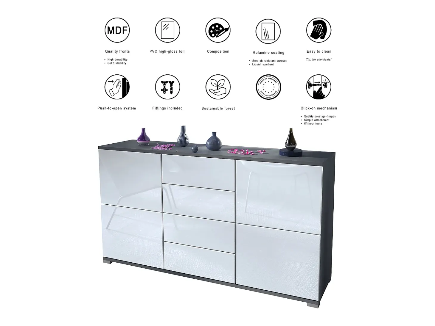 Aparador Rova V1 – Mueble con 4 Puertas y 4 Cajones, antracita mate/mezclilla mate (138,5 x 75,5 x 35)