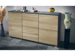 Aparador Rova V1 – Mueble con 4 Puertas y 4 Cajones, antracita mate/Roble Wotan (138,5 x 75,5 x 35)