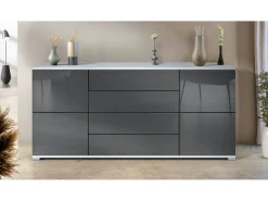 Aparador Rova V2 – Mueble con 4 Puertas y 4 Cajones, blanco mate/gris de alto brillo (166,5 x 75,5 x 35)