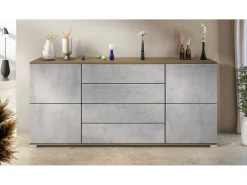 Aparador Rova V2 – Mueble con 4 Puertas y 4 Cajones, Roble Evoke/hormigón oxidado (166,5 x 75,5 x 35)