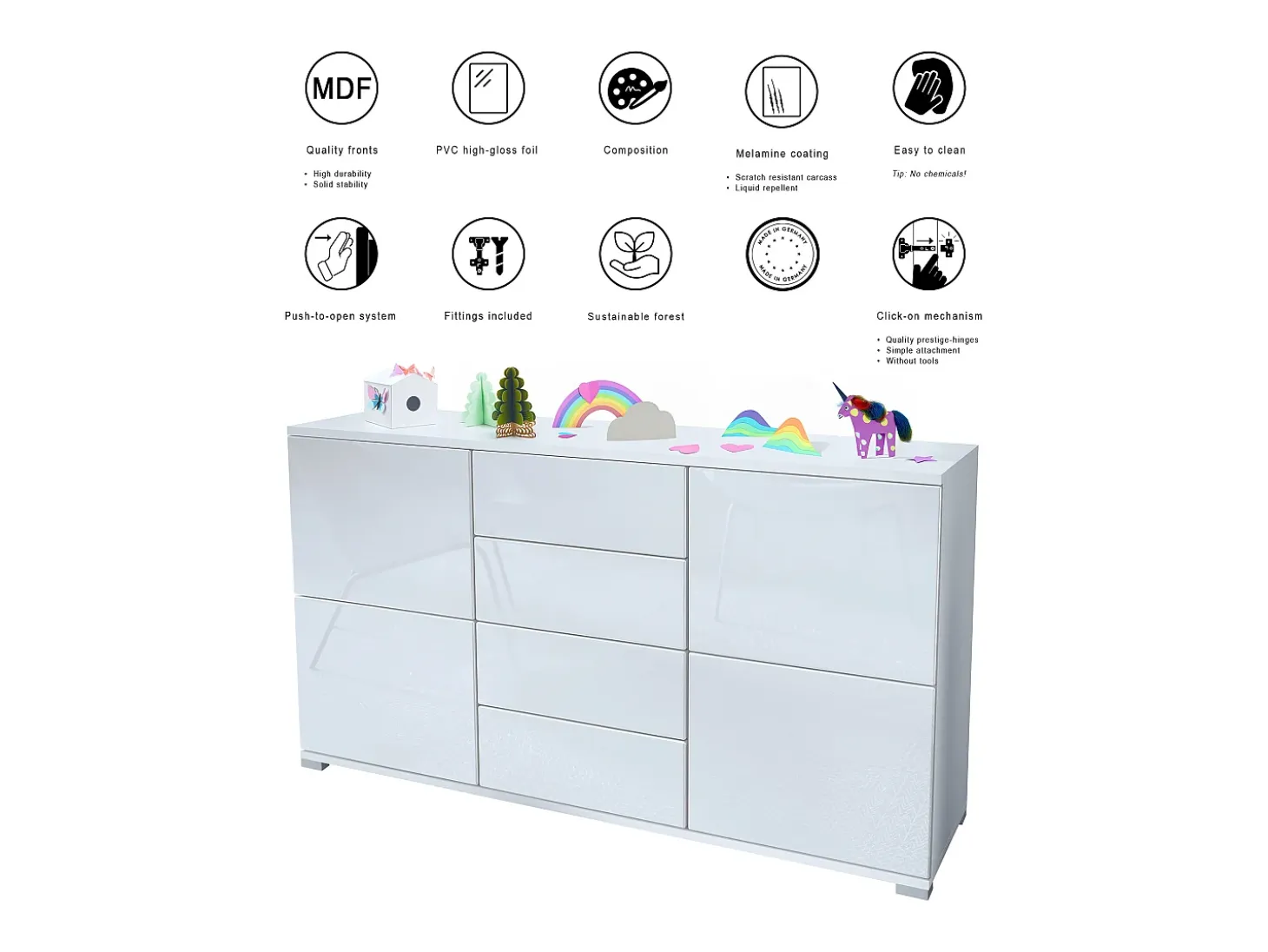 Aparador Rova V1 – Mueble con 4 Puertas y 4 Cajones, blanco mate/gris de alto brillo (138,5 x 75,5 x 35)