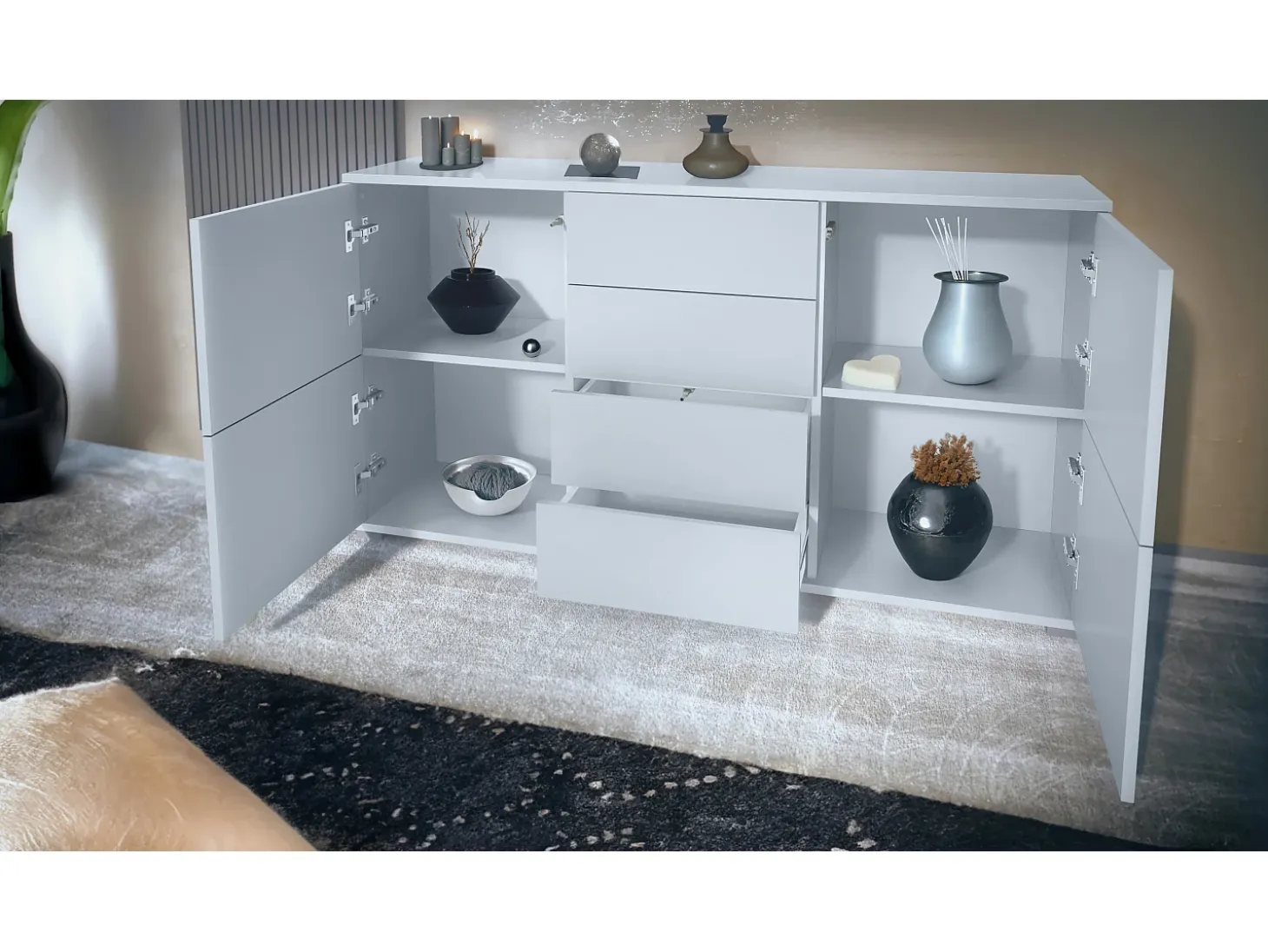 Aparador Rova V1 – Mueble con 4 Puertas y 4 Cajones, blanco mate/gris de alto brillo (138,5 x 75,5 x 35)