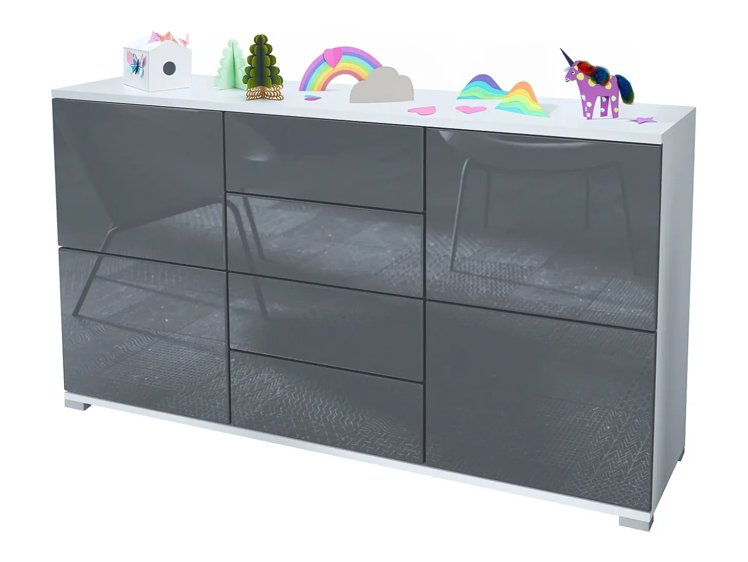 Aparador Rova V1 – Mueble con 4 Puertas y 4 Cajones, blanco mate/gris de alto brillo (138,5 x 75,5 x 35)