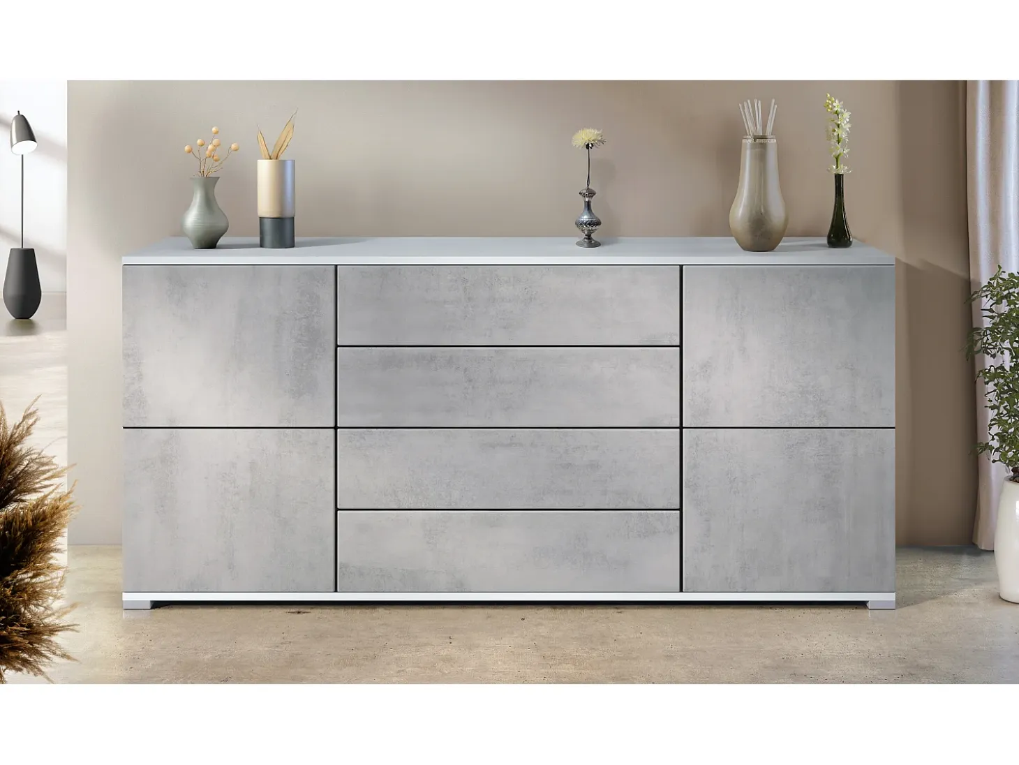 Aparador Rova V2 – Mueble con 4 Puertas y 4 Cajones, blanco mate/hormigón oxidado (166,5 x 75,5 x 35)