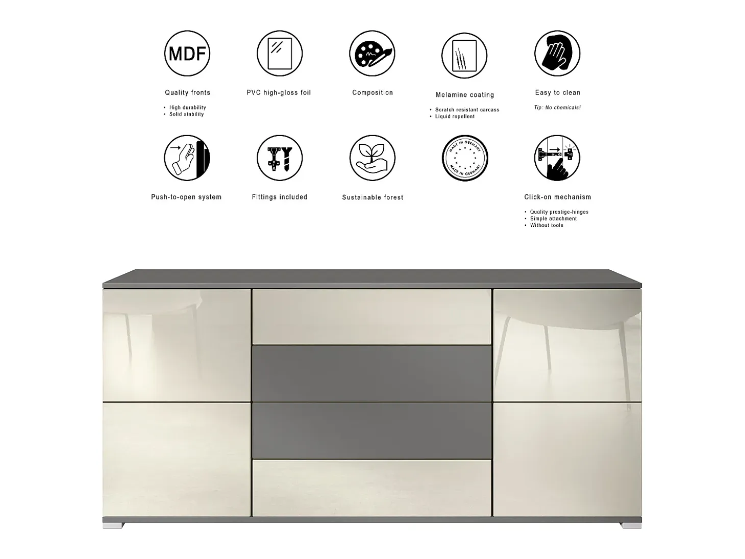 Aparador Rova V2 – Mueble con 4 Puertas y 4 Cajones, antracita mate/Roble Evoke (166,5 x 75,5 x 35)