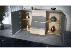 Aparador Rova V1 – Mueble con 4 Puertas y 4 Cajones, Roble Evoke/antracita mate (138,5 x 75,5 x 35)