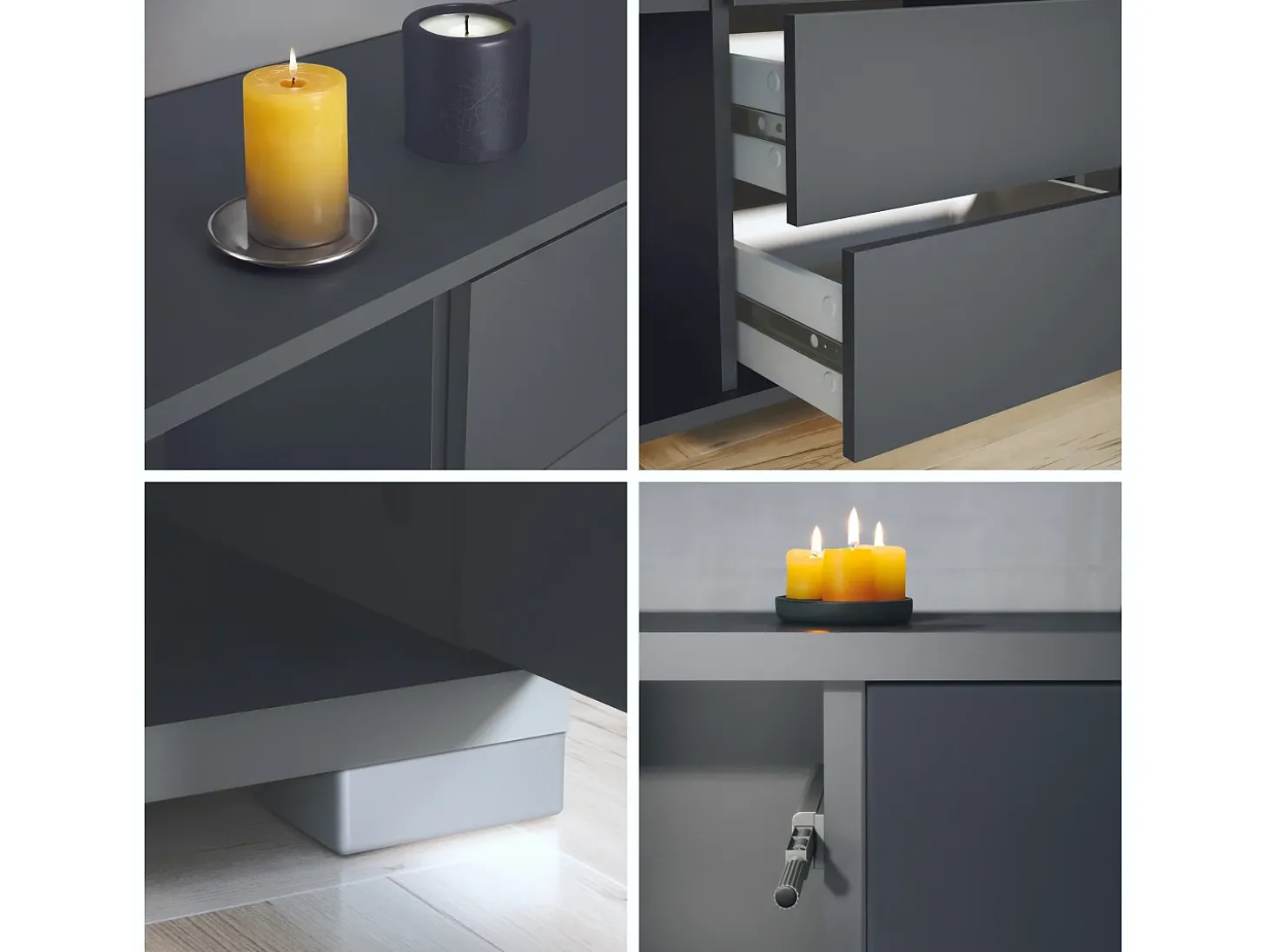 Aparador Rova V2 – Mueble con 4 Puertas y 4 Cajones, antracita mate/gris de alto brillo (166,5 x 75,5 x 35)