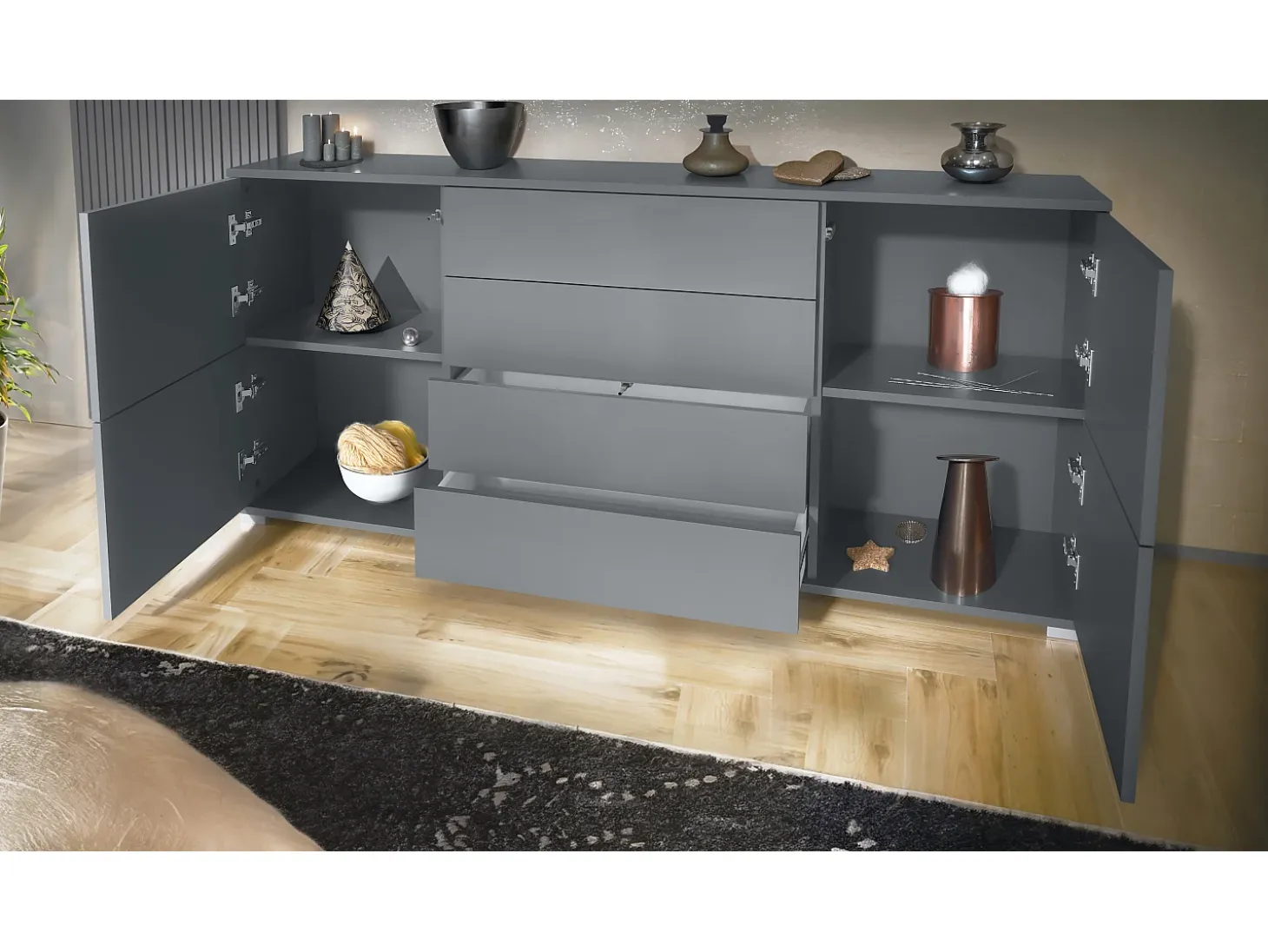 Aparador Rova V2 – Mueble con 4 Puertas y 4 Cajones, antracita mate/gris de alto brillo (166,5 x 75,5 x 35)