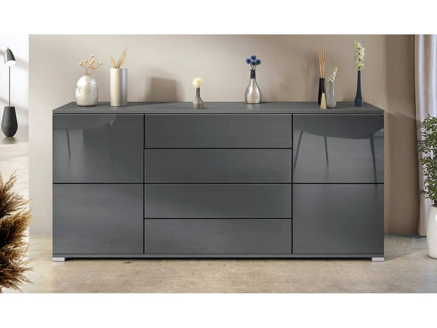 Aparador Rova V2 – Mueble con 4 Puertas y 4 Cajones, antracita mate/gris de alto brillo (166,5 x 75,5 x 35)