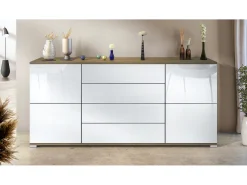 Aparador Rova V2 – Mueble con 4 Puertas y 4 Cajones, Roble Evoke/blanco de alto brillo (166,5 x 75,5 x 35)