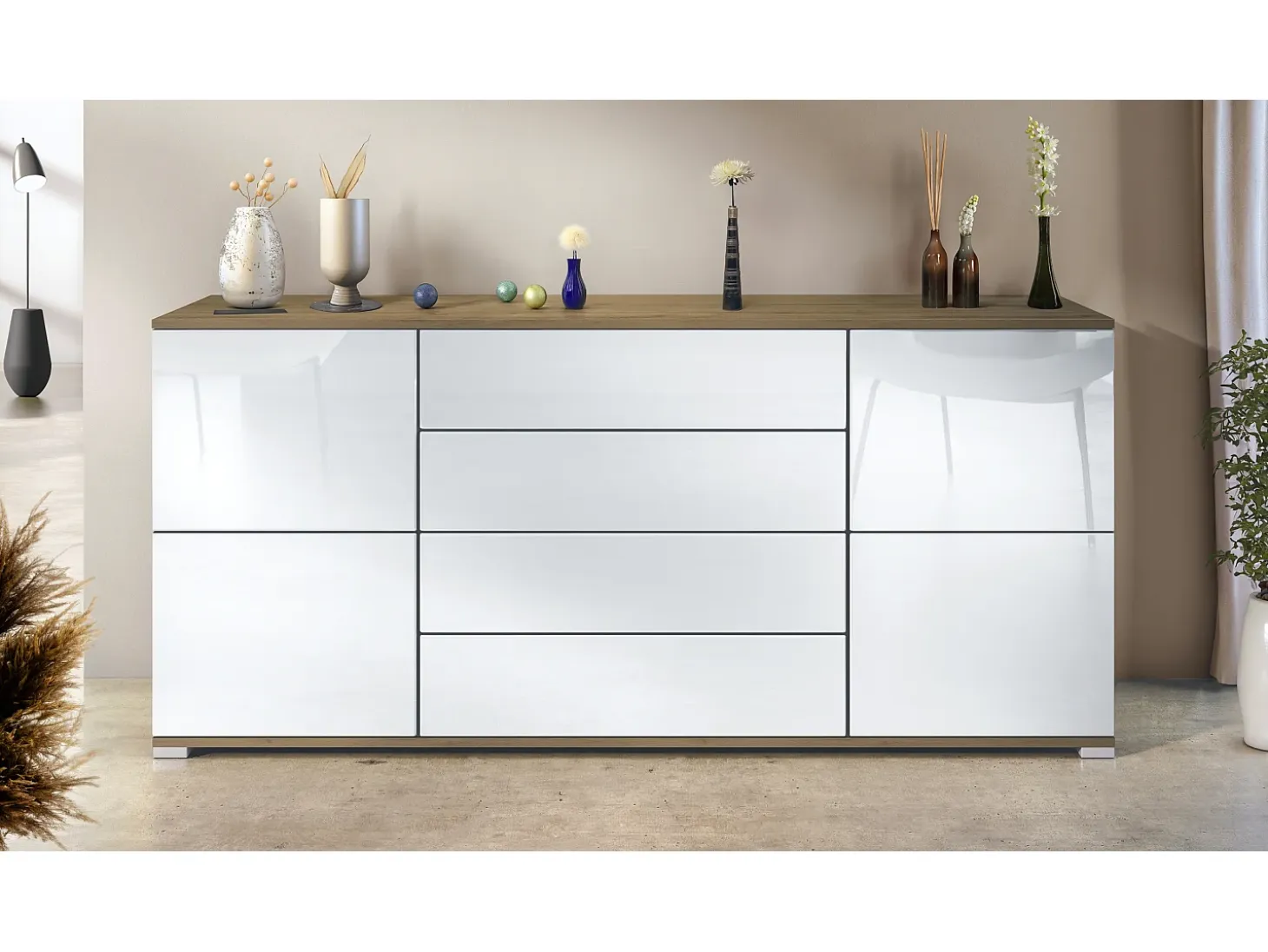Aparador Rova V2 – Mueble con 4 Puertas y 4 Cajones, Roble Evoke/blanco de alto brillo (166,5 x 75,5 x 35)