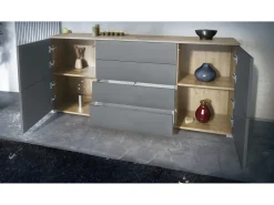 Aparador Rova V2 – Mueble con 4 Puertas y 4 Cajones, Roble Evoke/blanco de alto brillo (166,5 x 75,5 x 35)