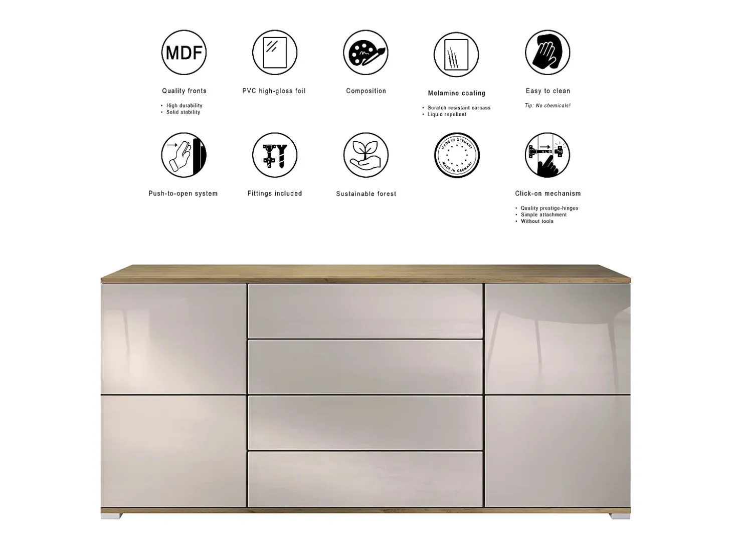 Aparador Rova V2 – Mueble con 4 Puertas y 4 Cajones, Roble Evoke/blanco de alto brillo (166,5 x 75,5 x 35)