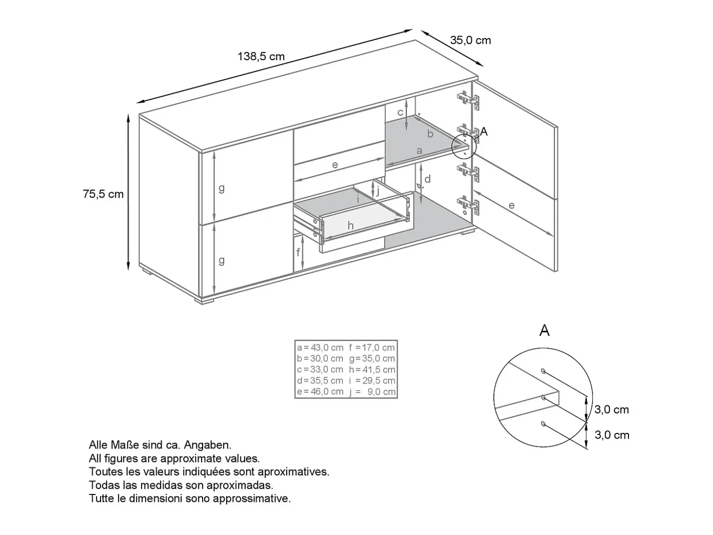 Aparador Rova V1 – Mueble con 4 Puertas y 4 Cajones, Roble Evoke/mezclilla mate (138,5 x 75,5 x 35)