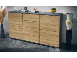 Aparador Rova V1 – Mueble con 4 Puertas y 4 Cajones, antracita mate/roble natural (138,5 x 75,5 x 35)