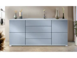 Aparador Rova V2 – Mueble con 4 Puertas y 4 Cajones, blanco mate/mezclilla mate (166,5 x 75,5 x 35)