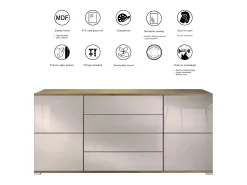 Aparador Rova V2 – Mueble con 4 Puertas y 4 Cajones, Roble Evoke/negro de alto brillo (166,5 x 75,5 x 35)