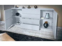 Aparador Rova V2 – Mueble con 4 Puertas y 4 Cajones, blanco mate/negro de alto brillo (166,5 x 75,5 x 35)