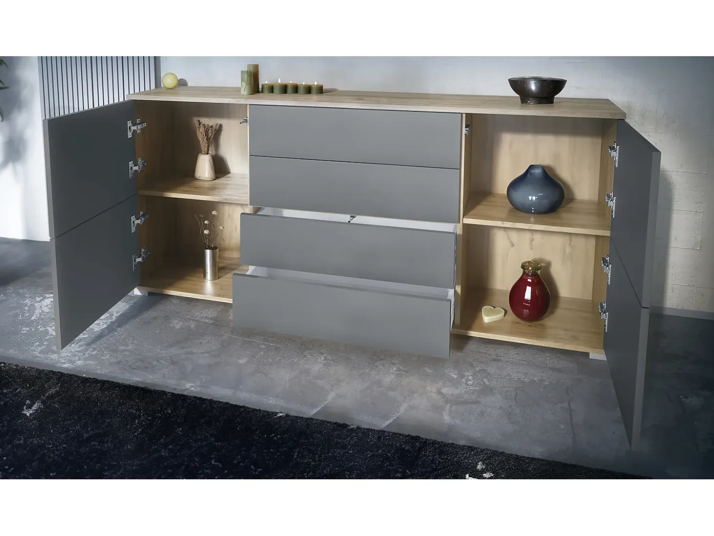 Aparador Rova V2 – Mueble con 4 Puertas y 4 Cajones, Roble Evoke/aspecto en bronce (166,5 x 75,5 x 35)