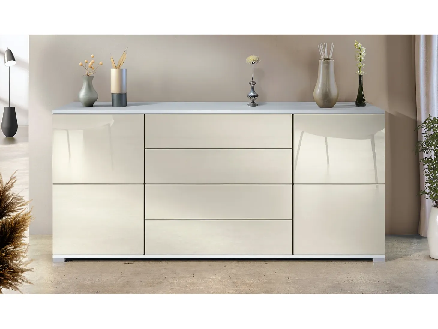 Aparador Rova V2 – Mueble con 4 Puertas y 4 Cajones, blanco mate/crema de alto brillo (166,5 x 75,5 x 35)