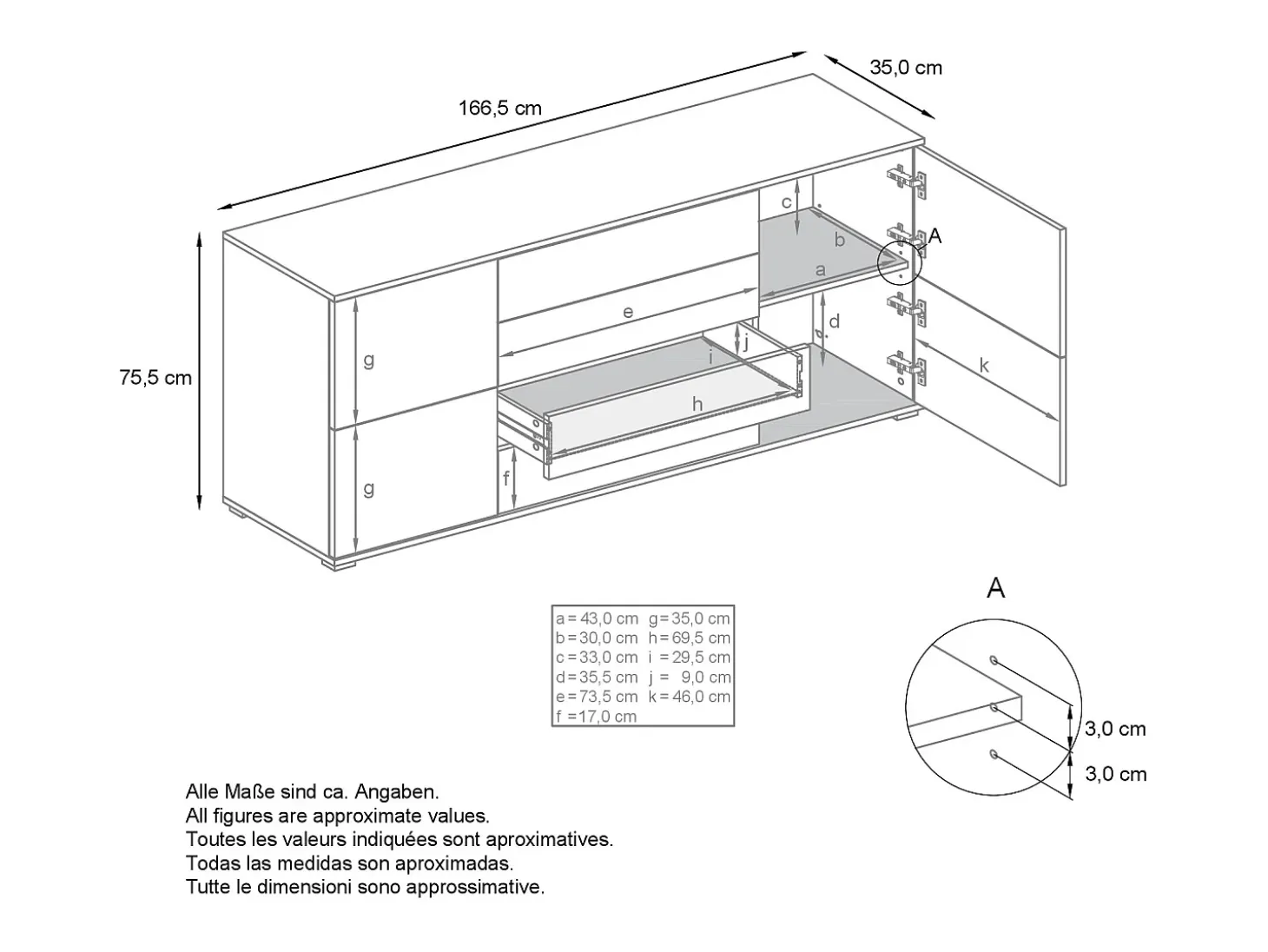 Aparador Rova V2 – Mueble con 4 Puertas y 4 Cajones, blanco mate/crema de alto brillo (166,5 x 75,5 x 35)
