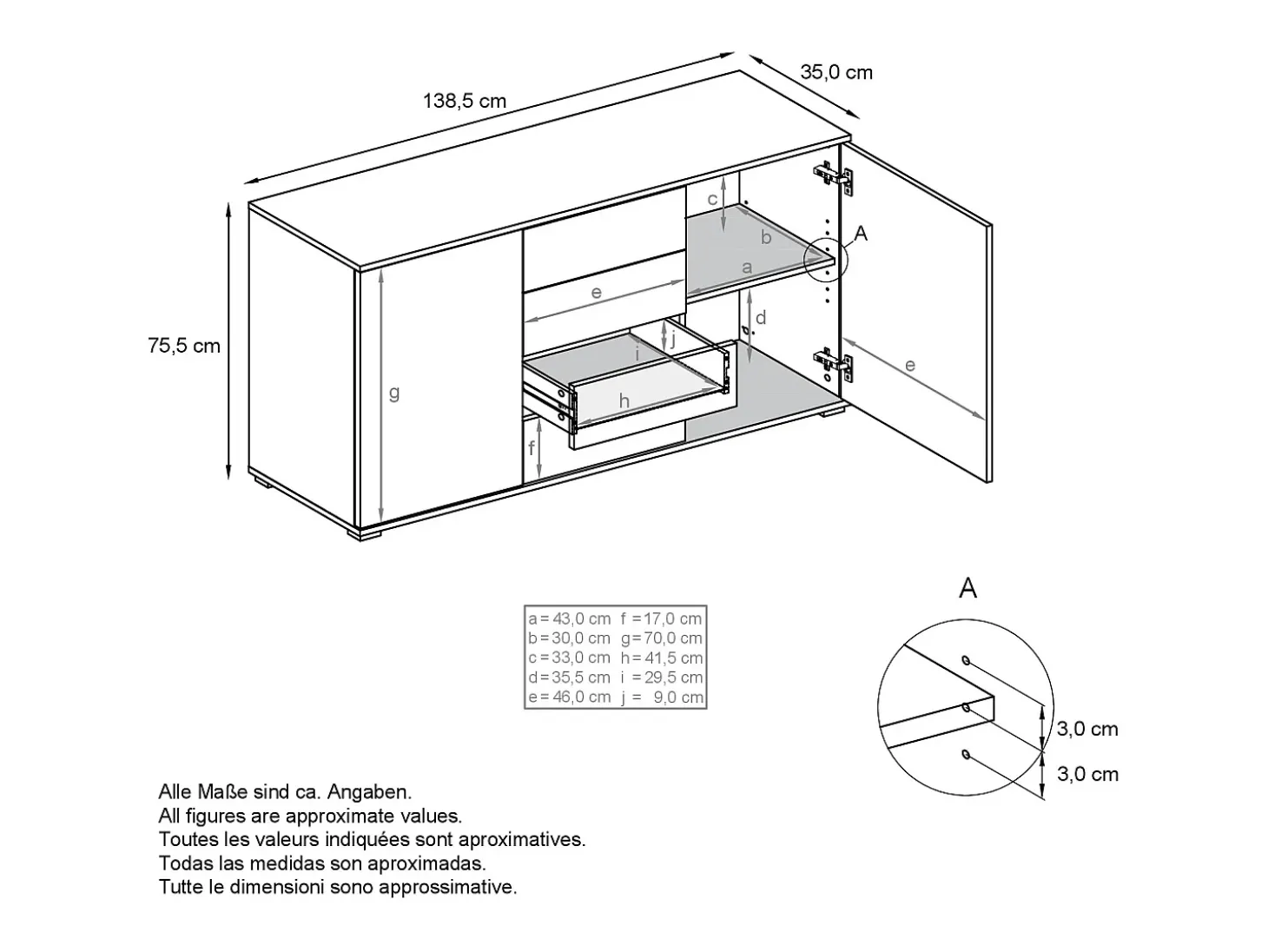 Aparador Santo V1, Mueble con 2 puertas y 4 cajones, antracita mate / negro mate (138,5 x 75,5 x 35 cm)