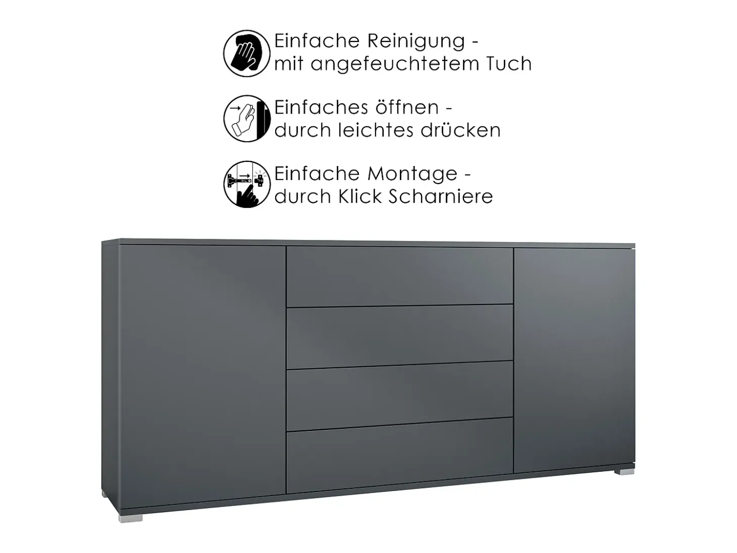 Aparador Santo V2, Mueble con 2 puertas y 4 cajones, antracita mate / blanco mate (166,5 x 75,5 x 35 cm)