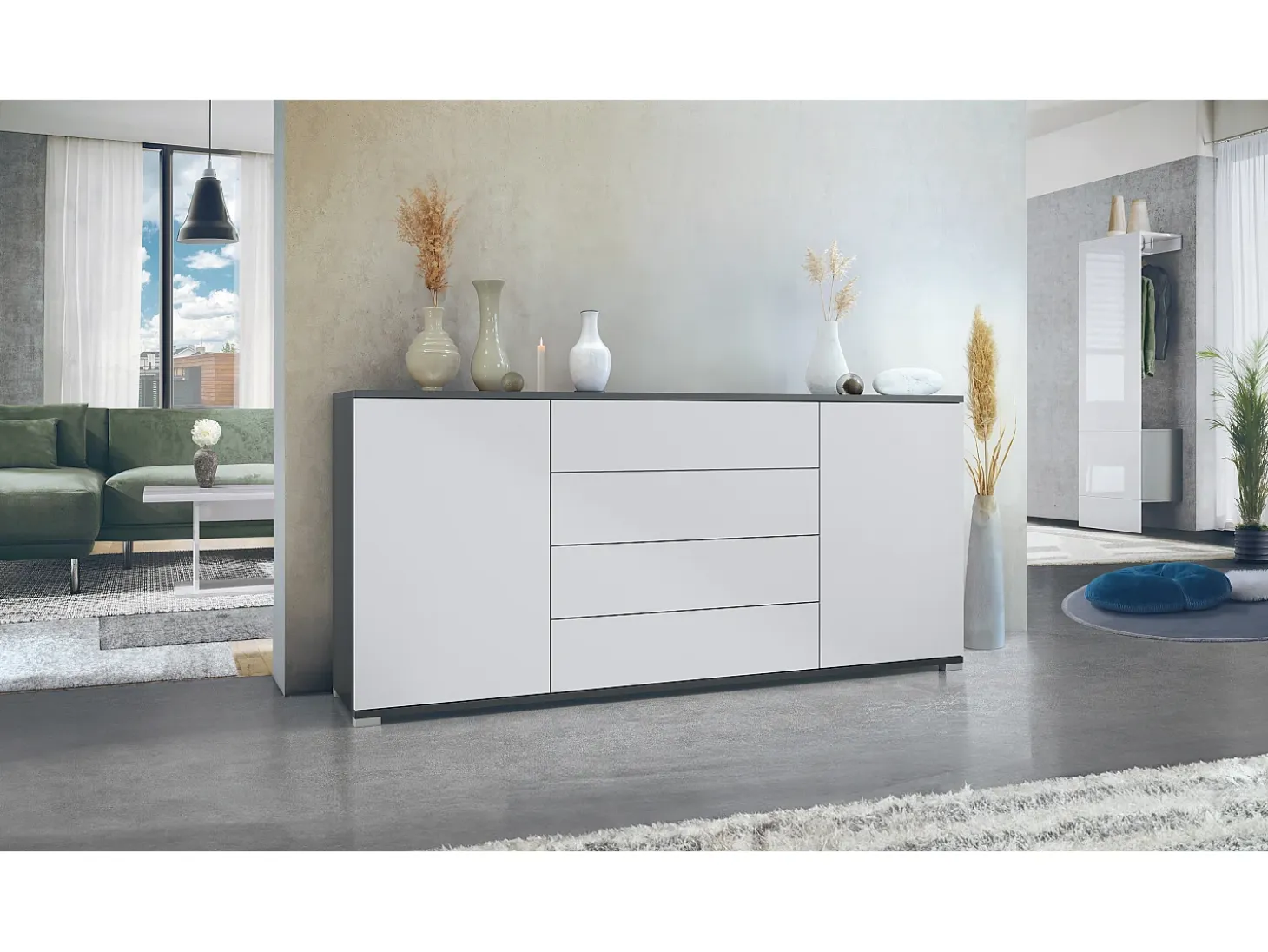 Aparador Santo V2, Mueble con 2 puertas y 4 cajones, antracita mate / blanco mate (166,5 x 75,5 x 35 cm)