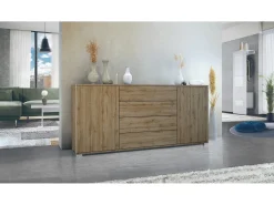 Aparador Santo V2, Mueble con 2 puertas y 4 cajones, Roble Evoke / Roble Evoke (166,5 x 75,5 x 35 cm)