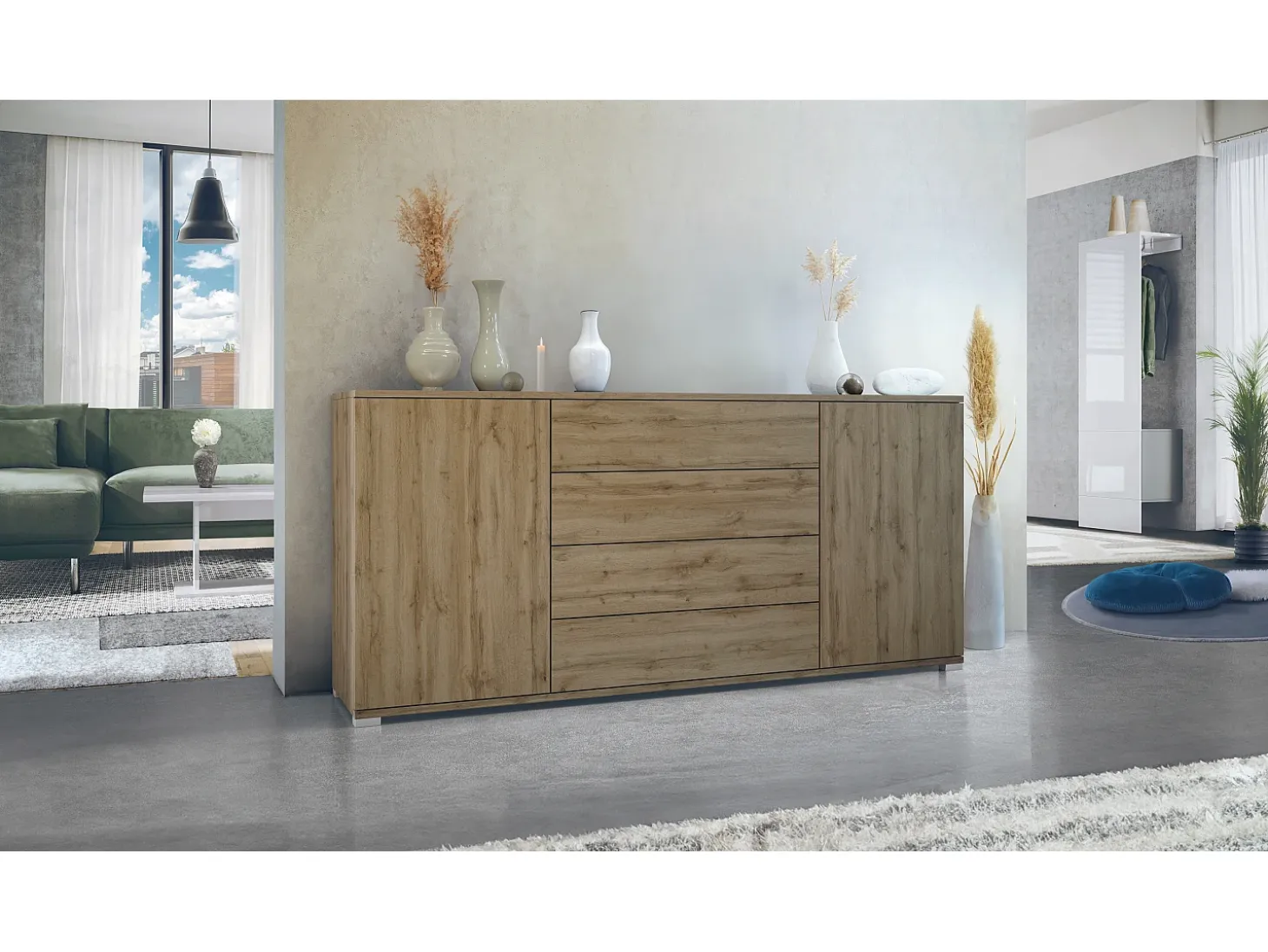 Aparador Santo V2, Mueble con 2 puertas y 4 cajones, Roble Evoke / Roble Evoke (166,5 x 75,5 x 35 cm)