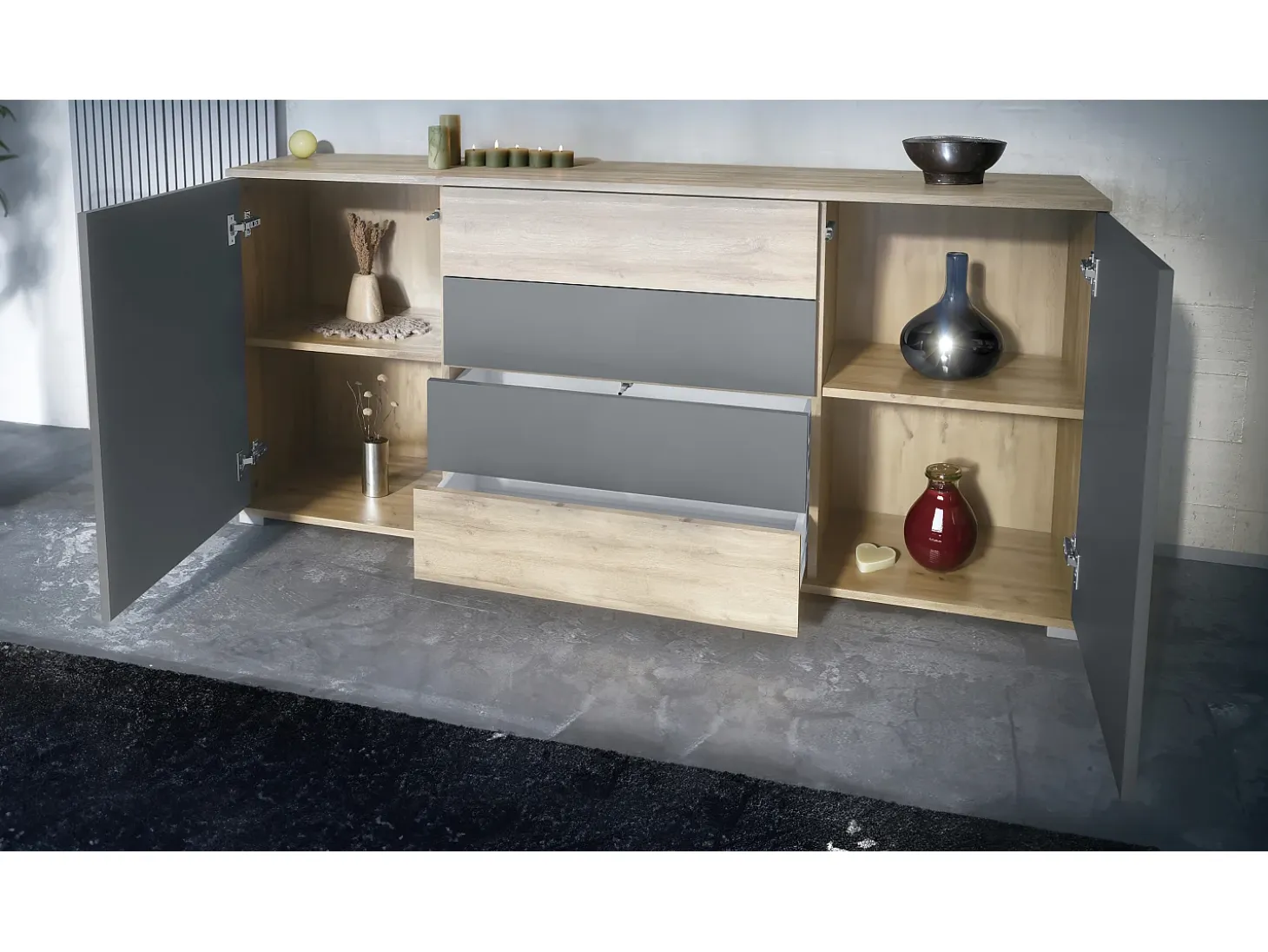 Aparador Santo V2, Mueble con 2 puertas y 4 cajones, Roble Evoke / Roble Evoke (166,5 x 75,5 x 35 cm)