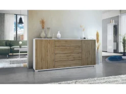 Aparador Santo V2, Mueble con 2 puertas y 4 cajones, blanco mate / Roble Evoke (166,5 x 75,5 x 35 cm)
