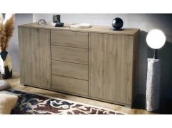 Aparador Santo V1, Mueble con 2 puertas y 4 cajones, Roble Evoke / Roble Evoke (138,5 x 75,5 x 35 cm)