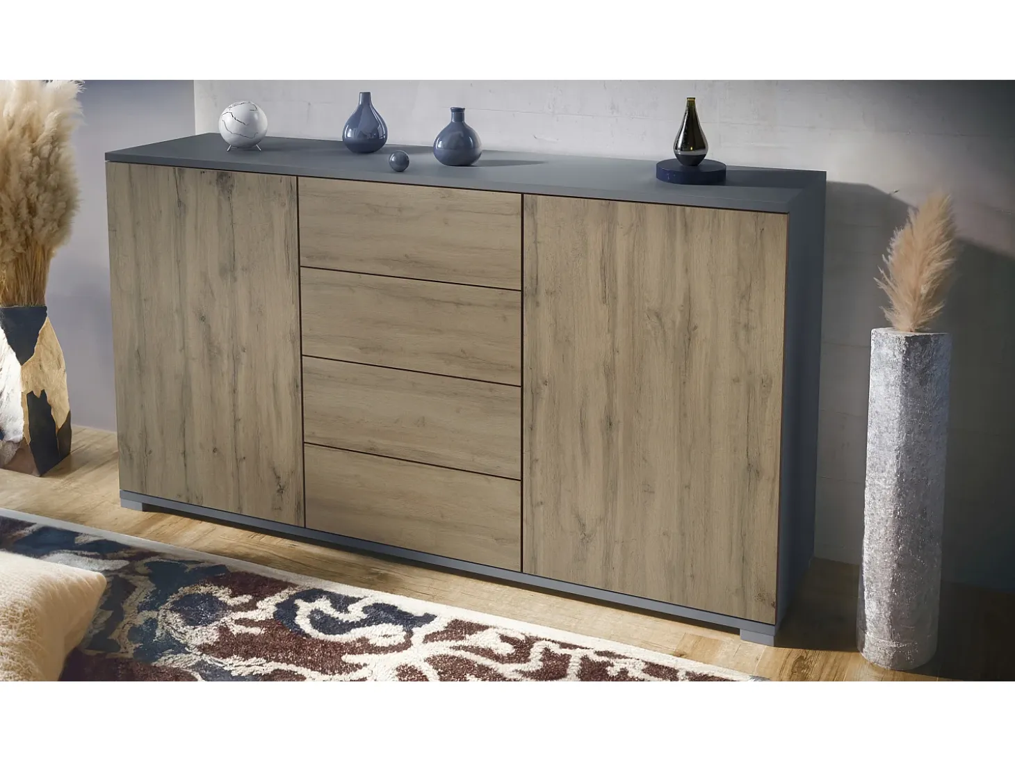 Aparador Santo V1, Mueble con 2 puertas y 4 cajones, antracita mate / Roble Evoke (138,5 x 75,5 x 35 cm)