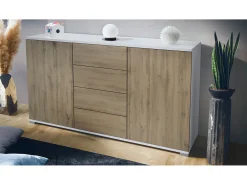 Aparador Santo V1, Mueble con 2 puertas y 4 cajones, blanco mate / Roble Evoke (138,5 x 75,5 x 35 cm)