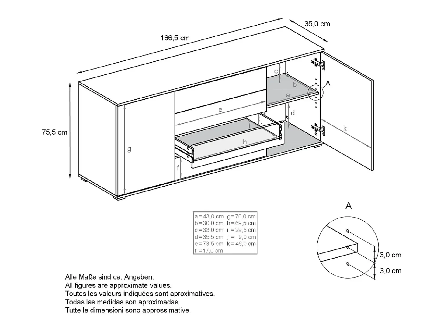 Aparador Santo V2, Mueble con 2 puertas y 4 cajones, blanco mate / antracita mate (166,5 x 75,5 x 35 cm)