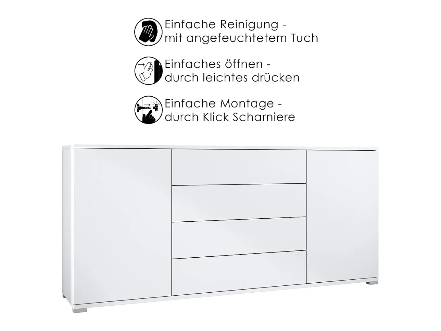 Aparador Santo V2, Mueble con 2 puertas y 4 cajones, blanco mate / antracita mate (166,5 x 75,5 x 35 cm)