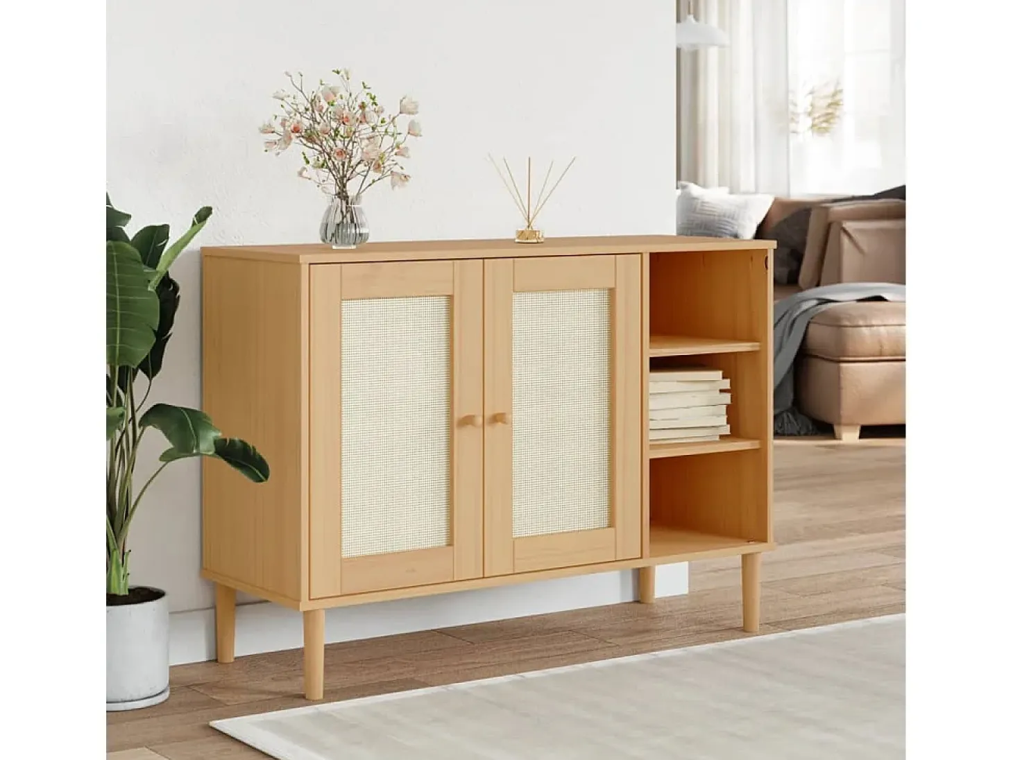 Aparador SENJA aspecto de ratán madera pino marrón 112x40x80 cm ES93019