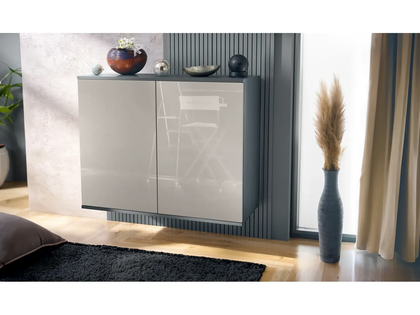 Aparador Skadu V3, Armario de Cocina Moderno con 2 Puertas Grandes antracita mate / gris arena de alto brillo (92,5 x 73.5 x 35)