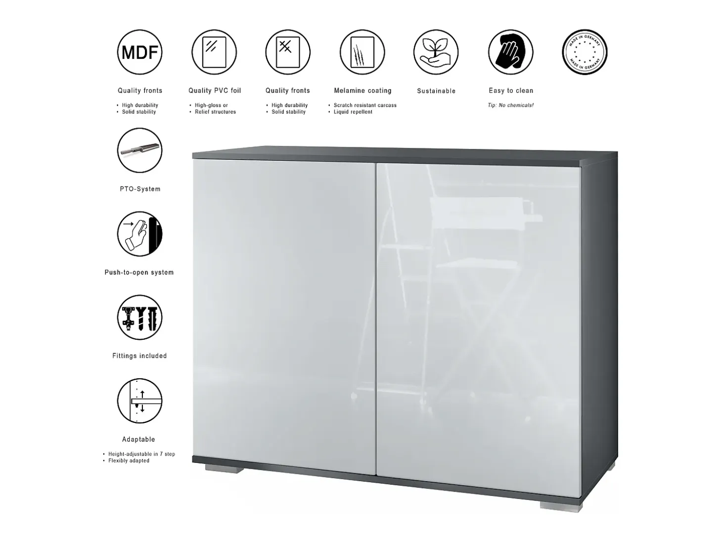 Aparador Skadu V3, Armario de Cocina Moderno con 2 Puertas Grandes antracita mate / gris arena de alto brillo (92,5 x 75.5 x 35)