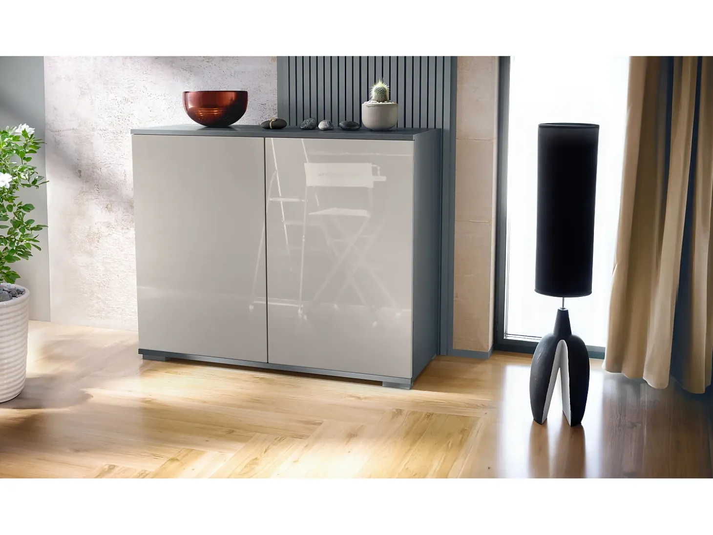 Aparador Skadu V3, Armario de Cocina Moderno con 2 Puertas Grandes antracita mate / gris arena de alto brillo (92,5 x 75.5 x 35)