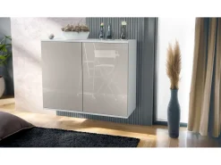 Aparador Skadu V3, Armario de Cocina Moderno con 2 Puertas Grandes blanco mate / gris arena de alto brillo (92,5 x 73.5 x 35)