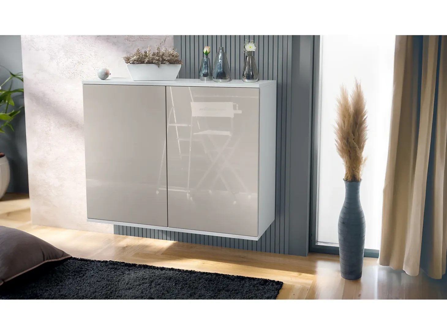 Aparador Skadu V3, Armario de Cocina Moderno con 2 Puertas Grandes blanco mate / gris arena de alto brillo (92,5 x 73.5 x 35)